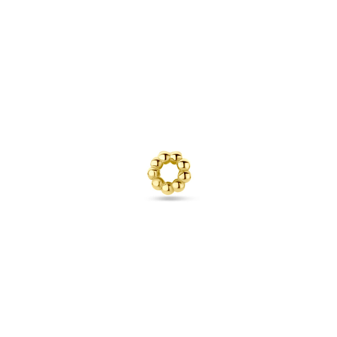 De Van der Kooij Collectie oorringhanger bolletjes per stuk 4,5 mm in 14K geelgoud is een kleine, ronde oorbelbedel met een gestructureerd ontwerp van afgeronde gouden noppen, gecentreerd op een effen witte achtergrond.