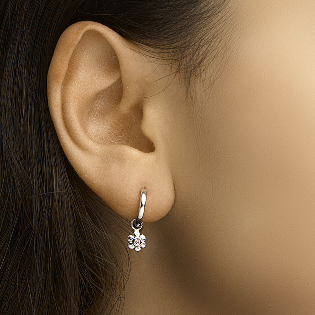 orecchini a cerchio fiore zirconia rosa argento rodiato