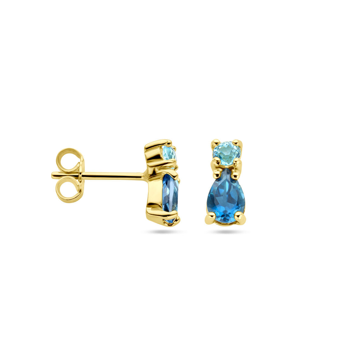 orecchini a bottone con topazio London Blue e topazio Sky Blue oro giallo 14K