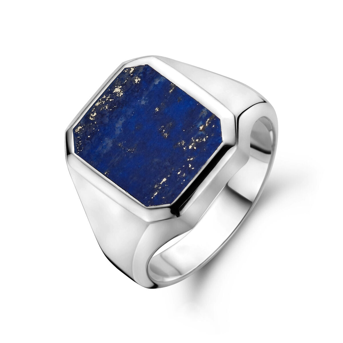 Anello con sigillo in argento rodiato, con pietra lapislazzuli esagonale di 13 x 11 mm.