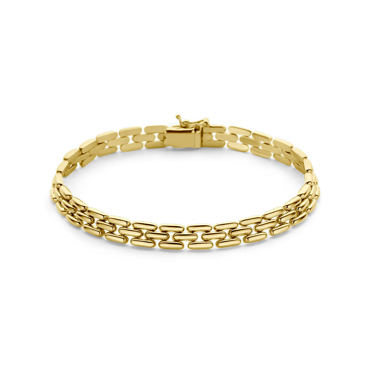 Bracciale in oro giallo 14K con motivo a pantera, design a maglia alternata.