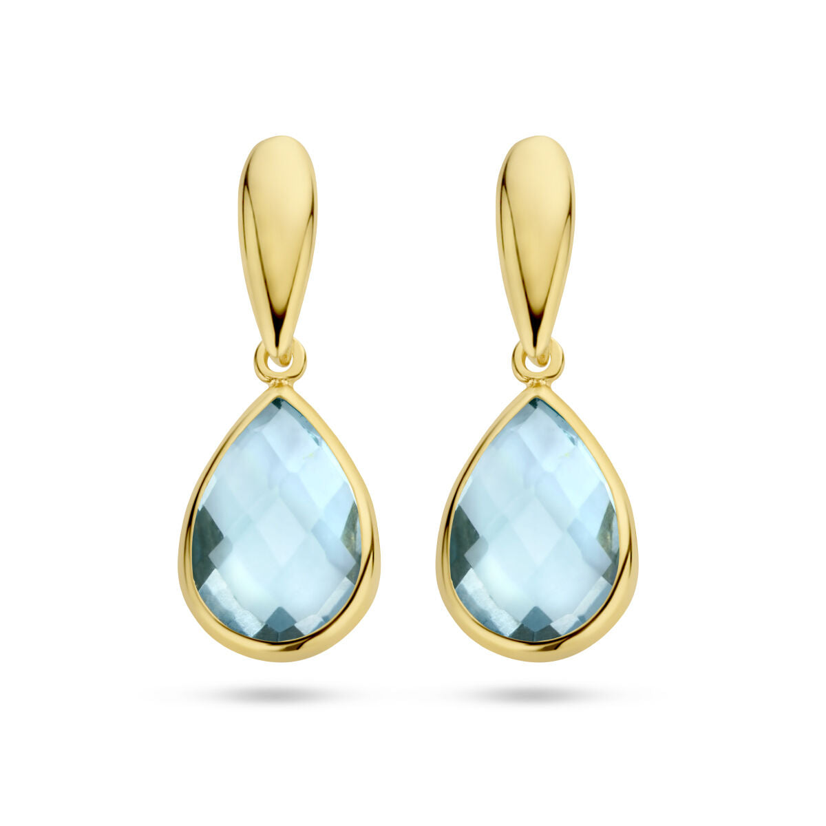Orecchini in oro giallo 14K con topazio blu a forma di goccia.