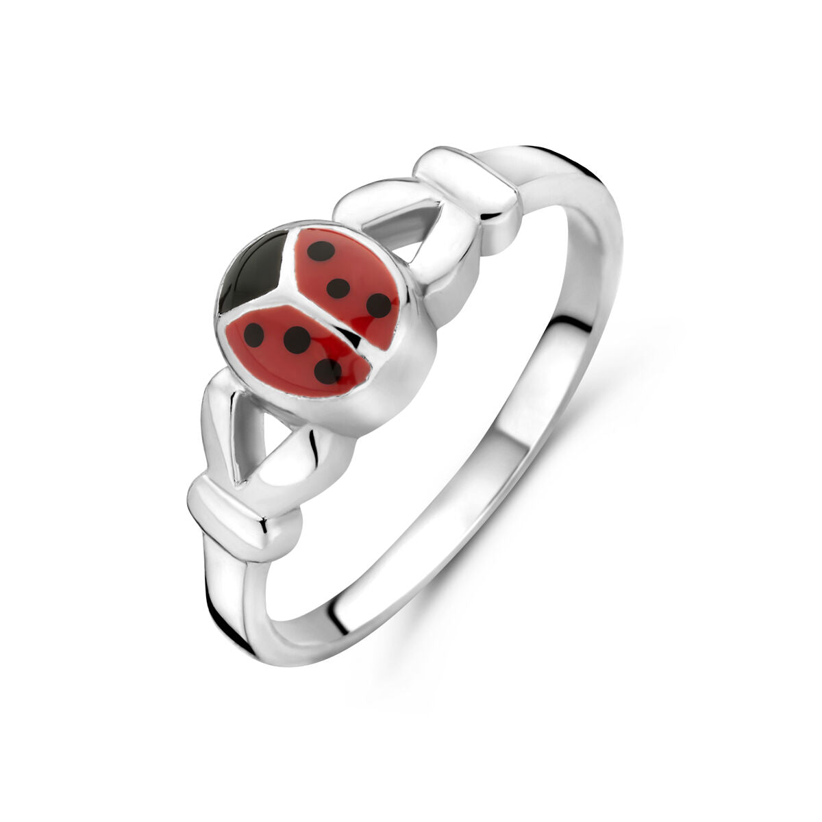 anello in argento con coccinella rossa e nera, dettagli intrecciati.