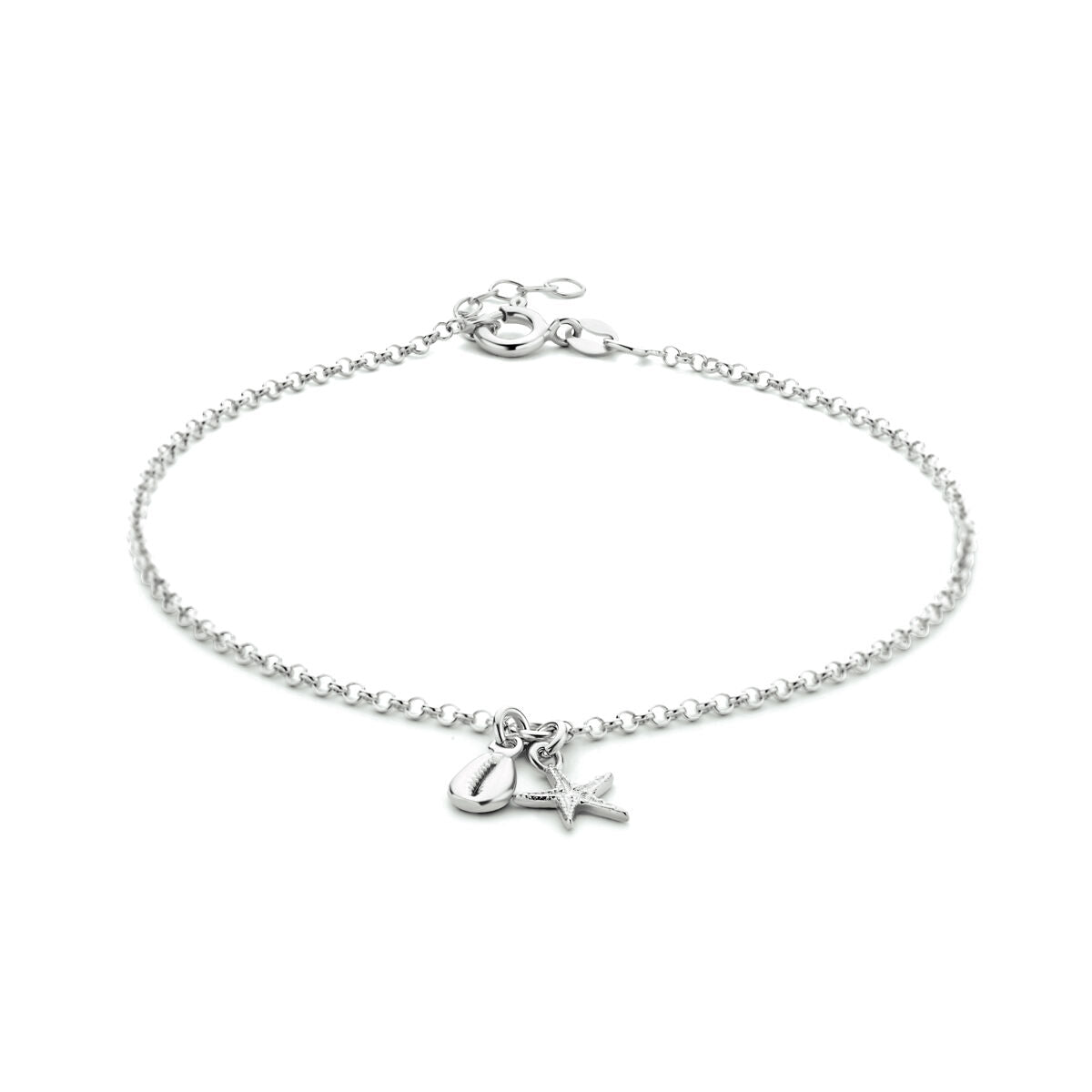 Bracciale in argento rodiato con conchiglia e stella marina, lunghezza 24 + 2 cm.