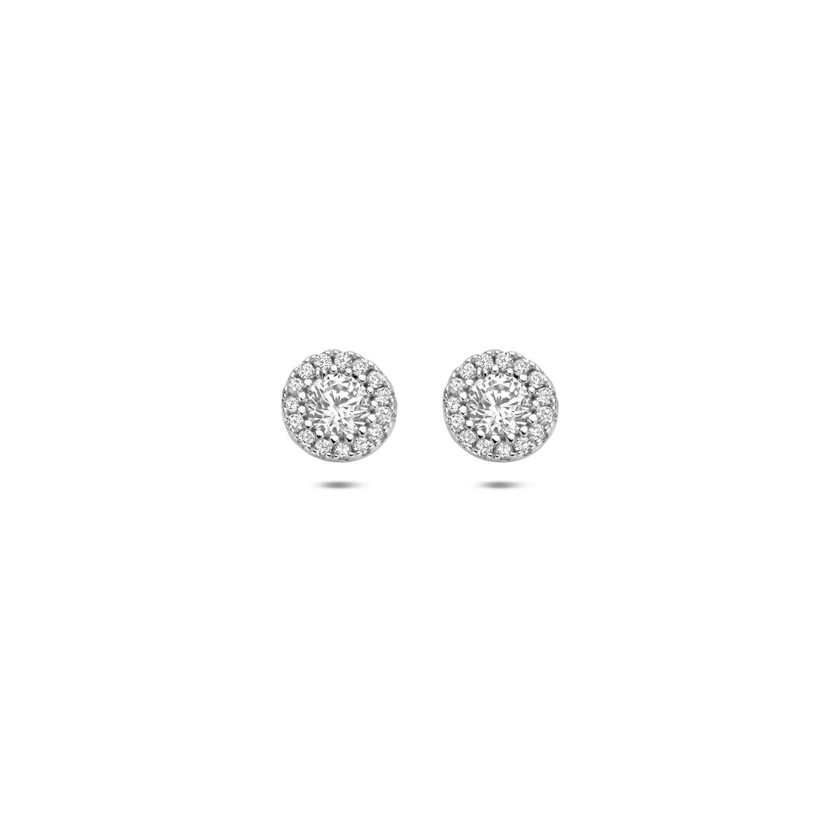 Orecchini in argento con zirconi, stile entourage, diametro di 6 mm.