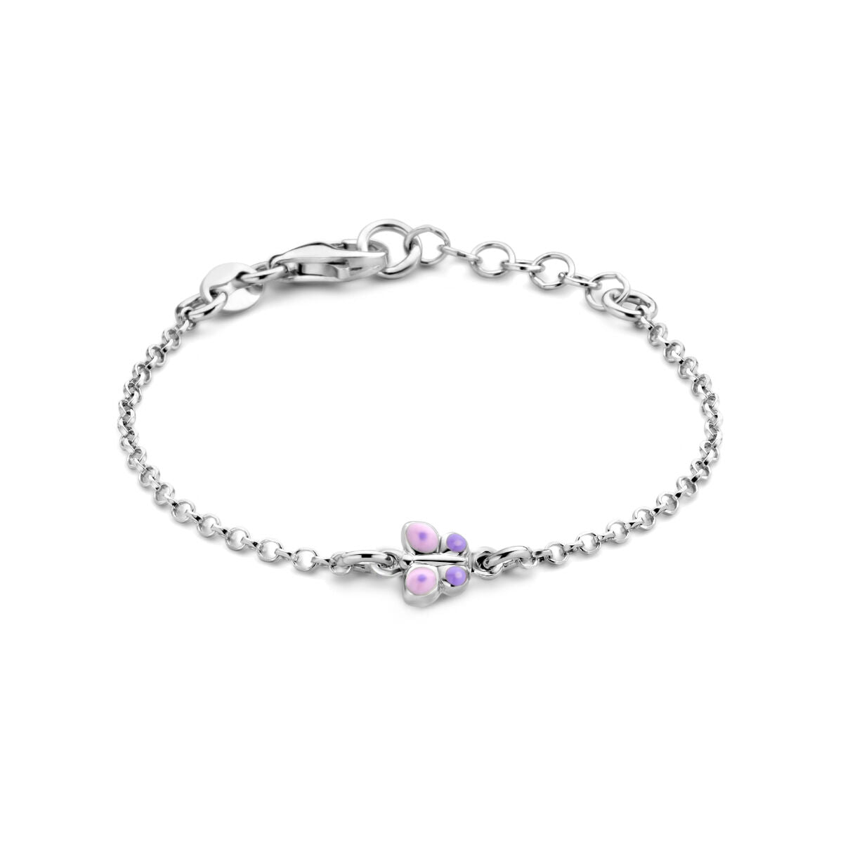 Bracciale in argento rodiato con charm a forma di farfalla e dettagli colorati.