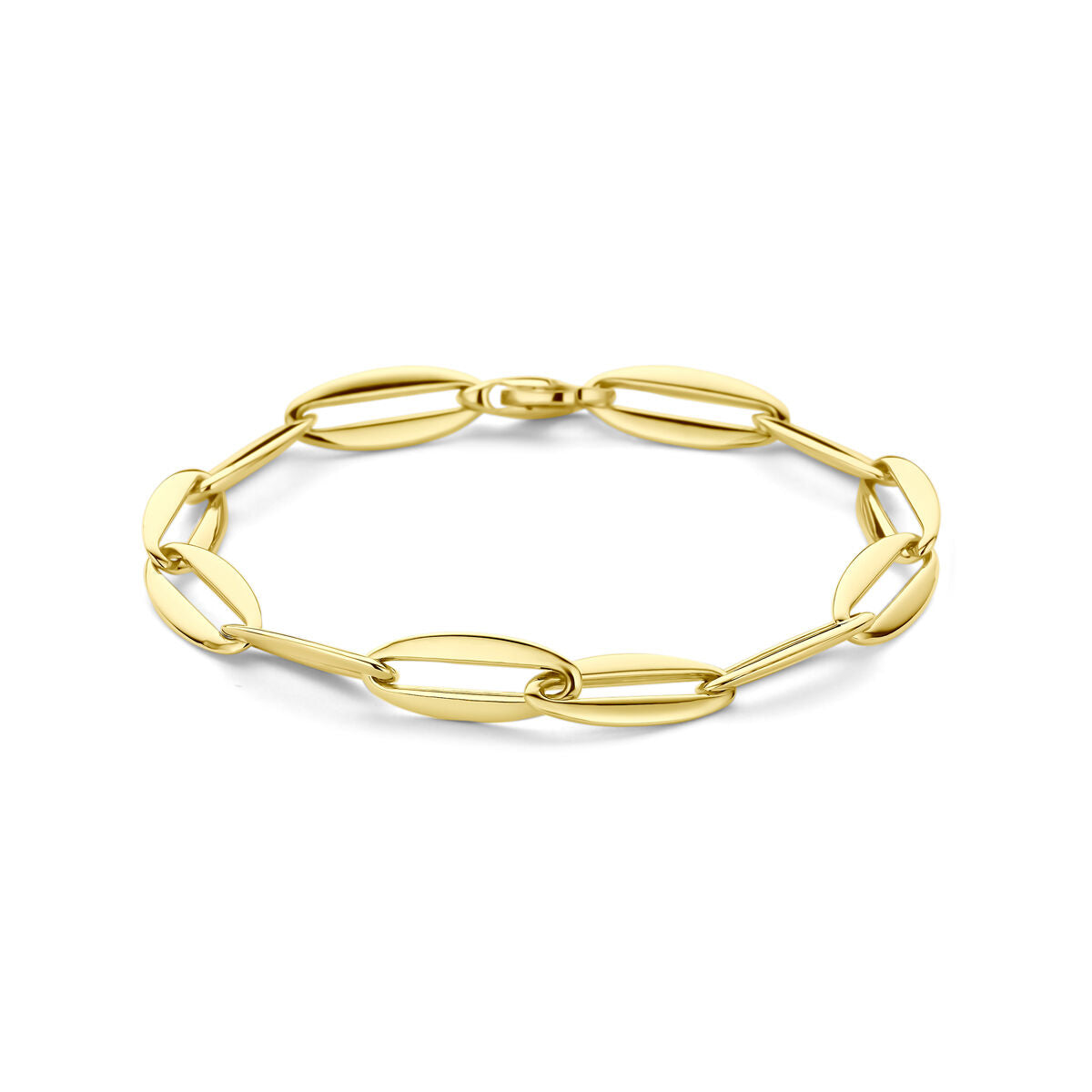 Bracciale in oro giallo 14K con maglie a forma di ancoraggio, larghezza 7,2 mm e lunghezza 19,5 cm.