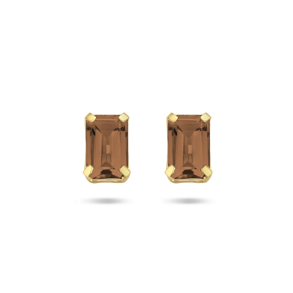 Orecchini in quarzo fumé con montatura in oro giallo 14K, forma rettangolare.