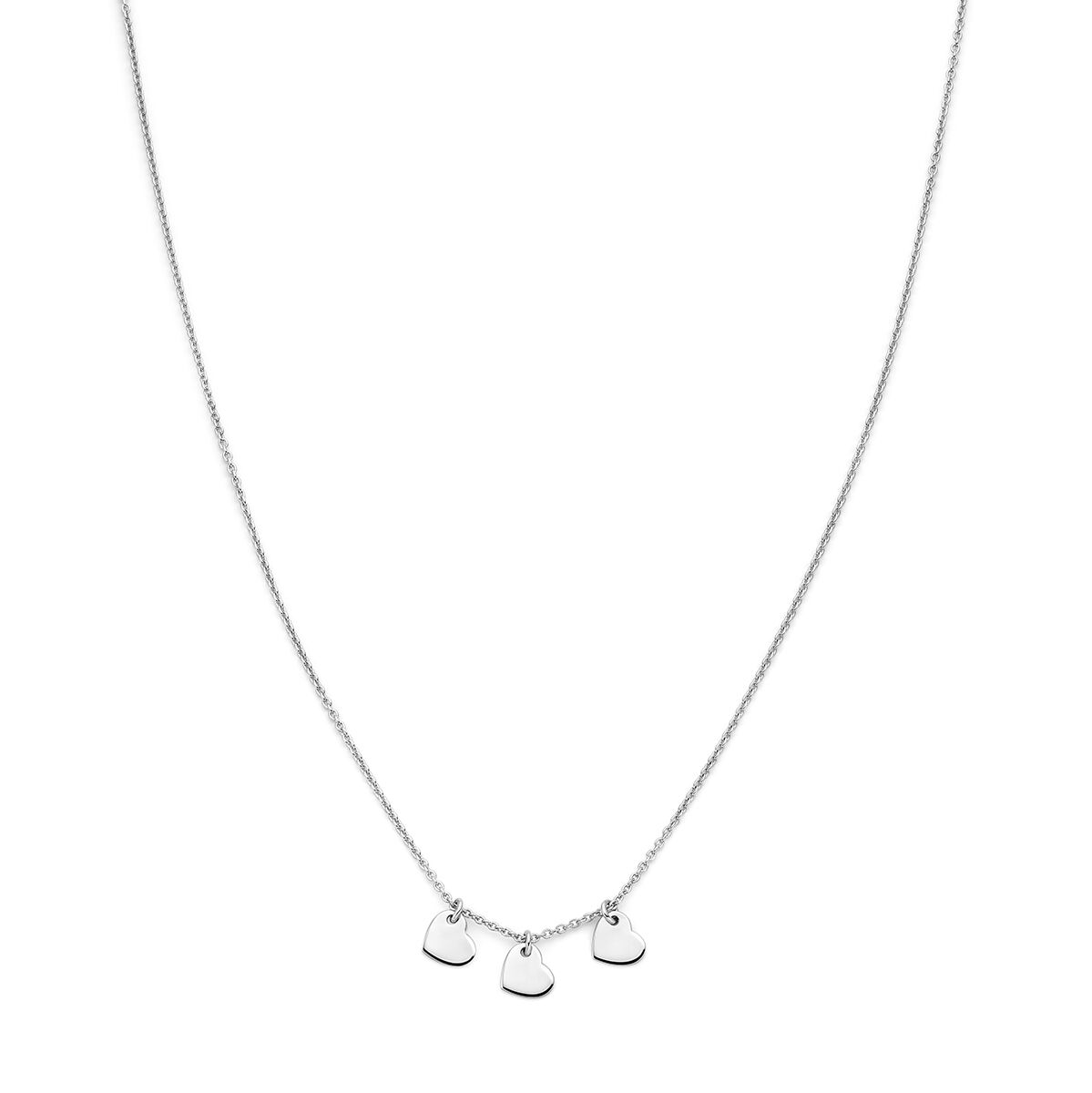 Collana in argento rodiato con tre cuori pendenti, lunghezza 36 + 2 cm.