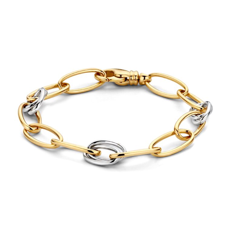 Bracciale in oro giallo e bianco 14 carati, con maglie ovali e chiusura a moschettone.
