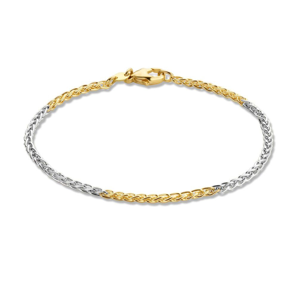 Bracciale elegante in oro 14 carati, con finitura bicolore gialla e bianca, intrecciato.