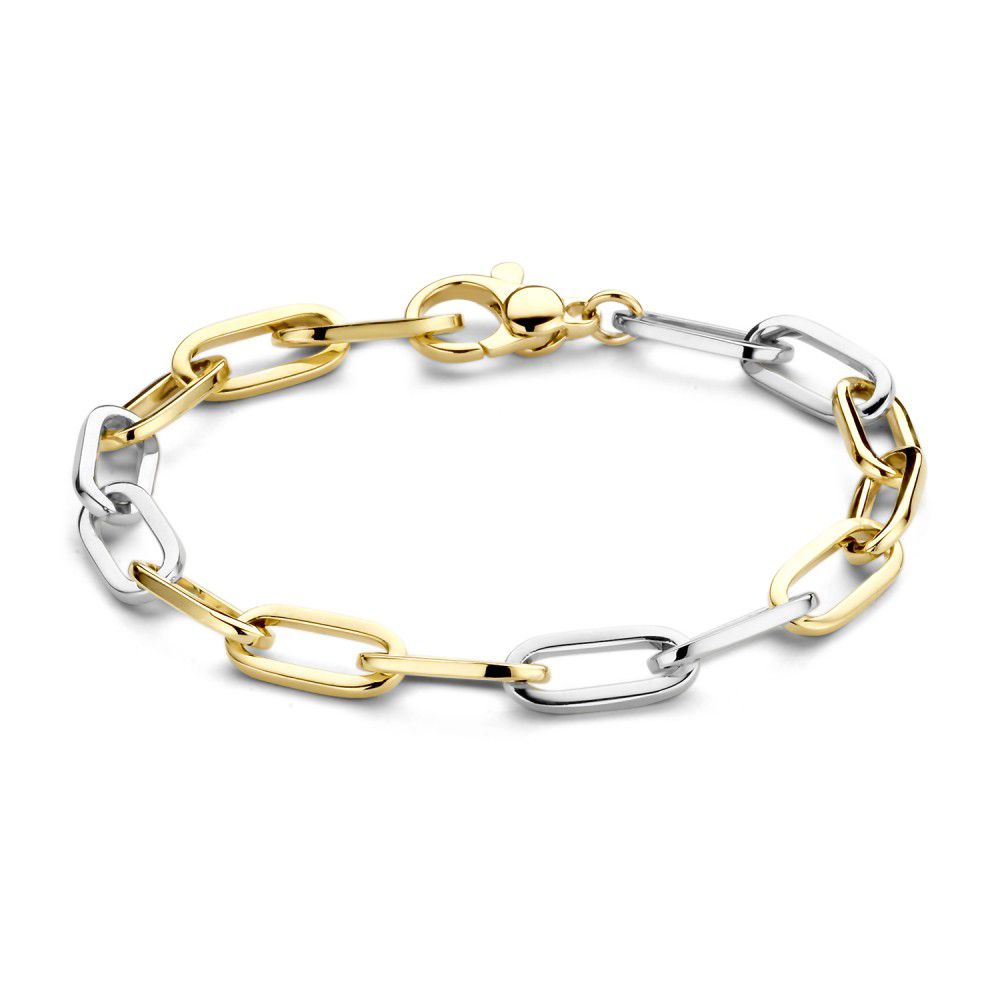Bracciale in oro giallo e bianco 14 carati, con maglie ovali alternate, lunghezza 20 cm.