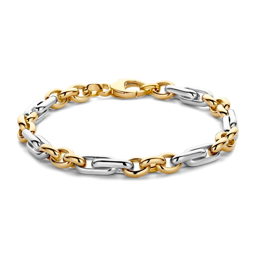 Bracciale bicolore in maglia rolò con dettagli argentati e dorati.