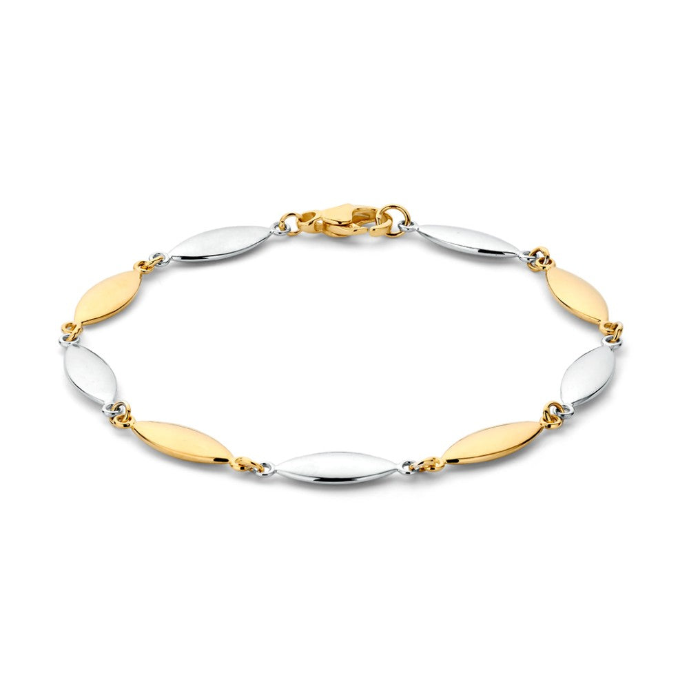 Bracciale bicolore con elementi ovali alternati in argento e oro.