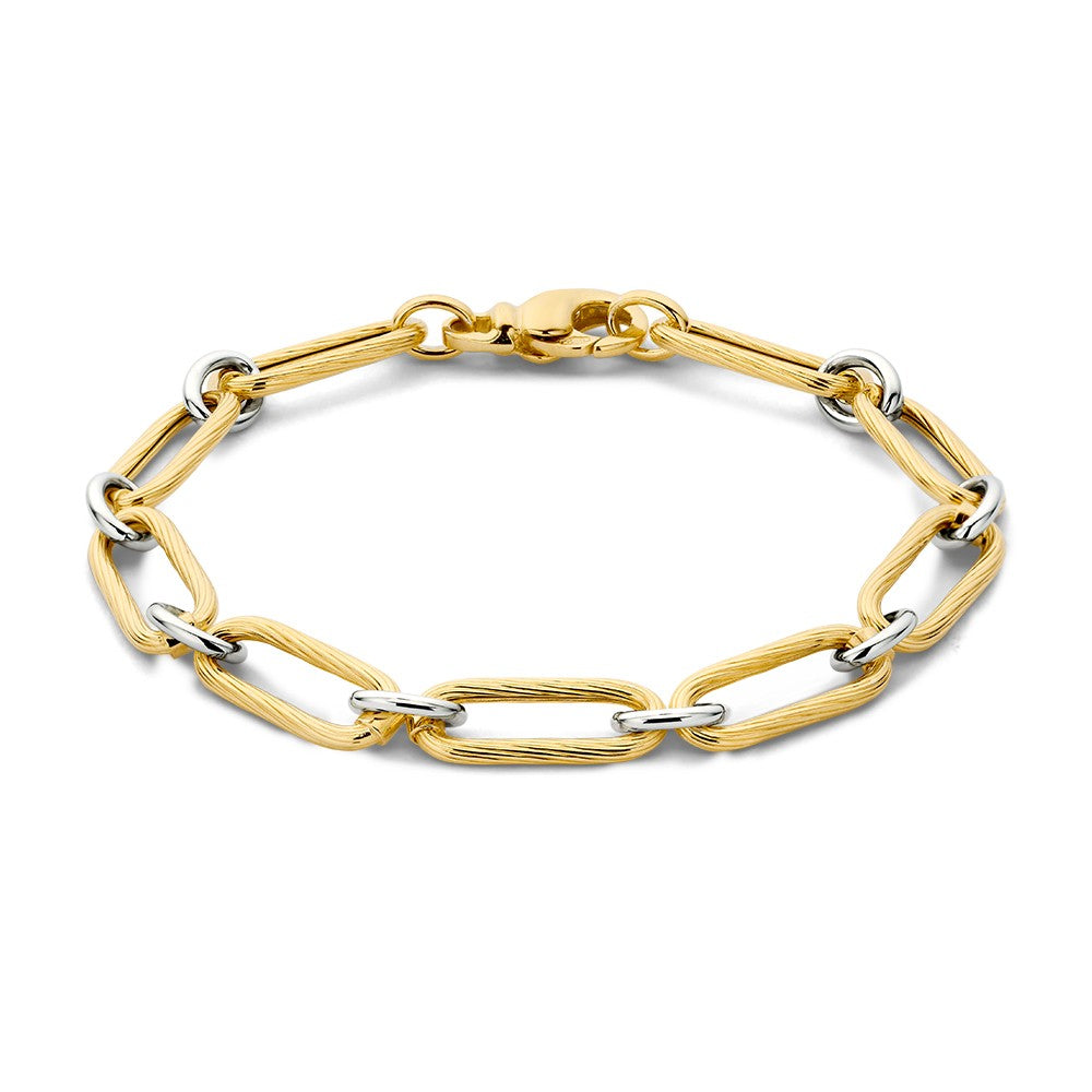 Bracciale bicolore con maglie ovali dorate e argentate, chiusura a moschettone.
