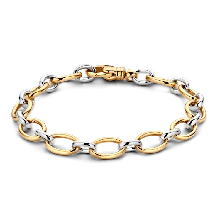 Bracciale elegante in oro giallo e bianco a maglie alternate, lunghezza 19,5 cm.