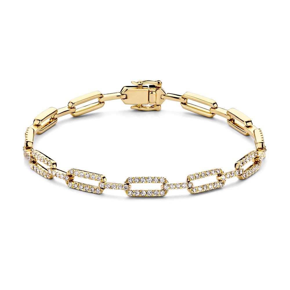 Bracciale in oro giallo con diamanti, 14 carati, design lussuoso con dettagli ovali e brillanti.