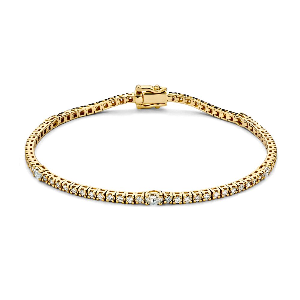 Bracciale in oro giallo con diamanti taglio brillante e pavé, 14 carati, design elegante.