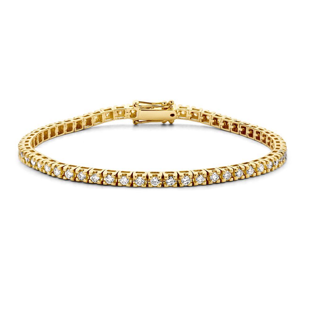 Bracciale tennis in oro giallo con diamanti in incastonatura chaton, 14 carati.