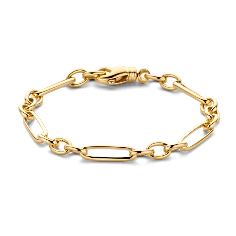 Geelgouden Schakelarmband met Wisselende Schakels en Luxe Karabijnsluiting – 14 Karaat Goud, Elegante Armband voor Dames