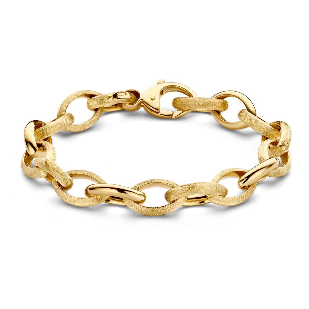Bracciale in oro giallo 14kt con maglie ovali lucide e opache.