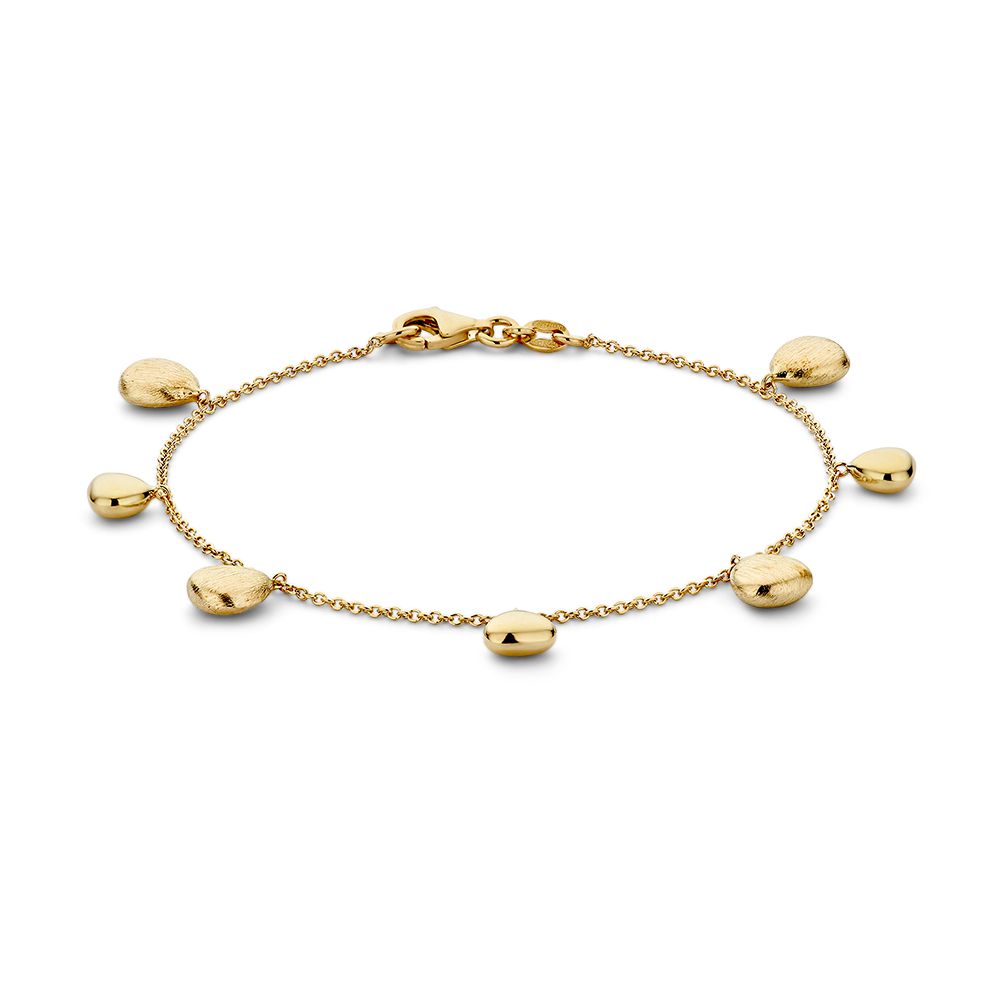 Bracciale in oro giallo 14 carati con elementi pendenti, lungo 19 cm.