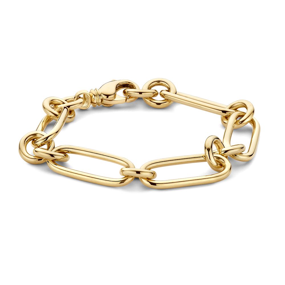 Bracciale in oro giallo con maglie grandi, 14 carati, 20 cm di lunghezza.