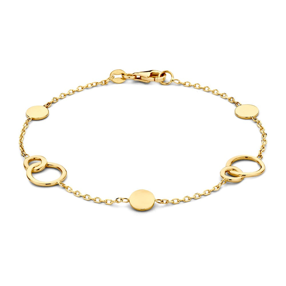 Bracciale in oro giallo 14 carati con cerchi connessi e dettagli rotondi.