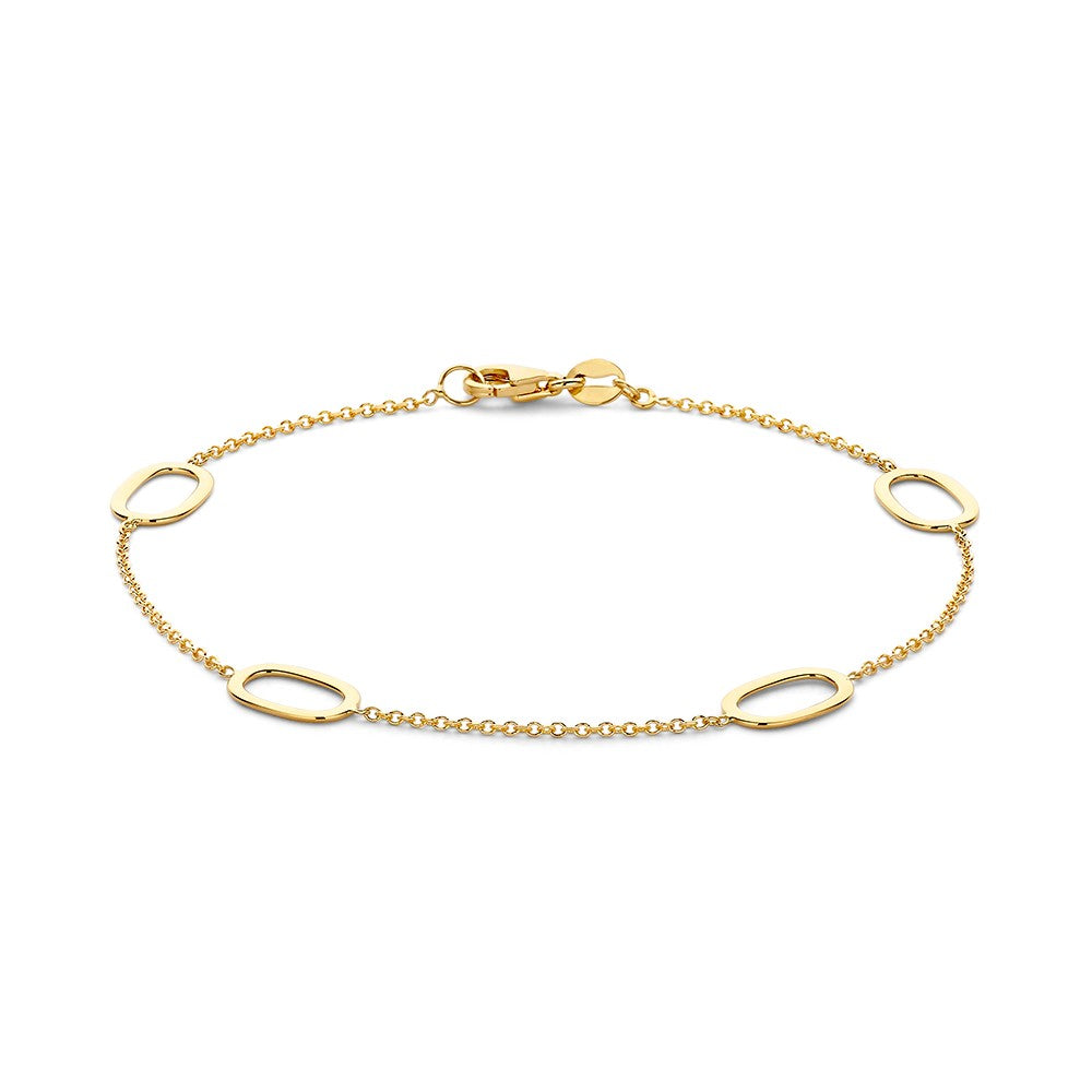 Bracciale in oro giallo 14 carati con ovali aperti e maglia fine.