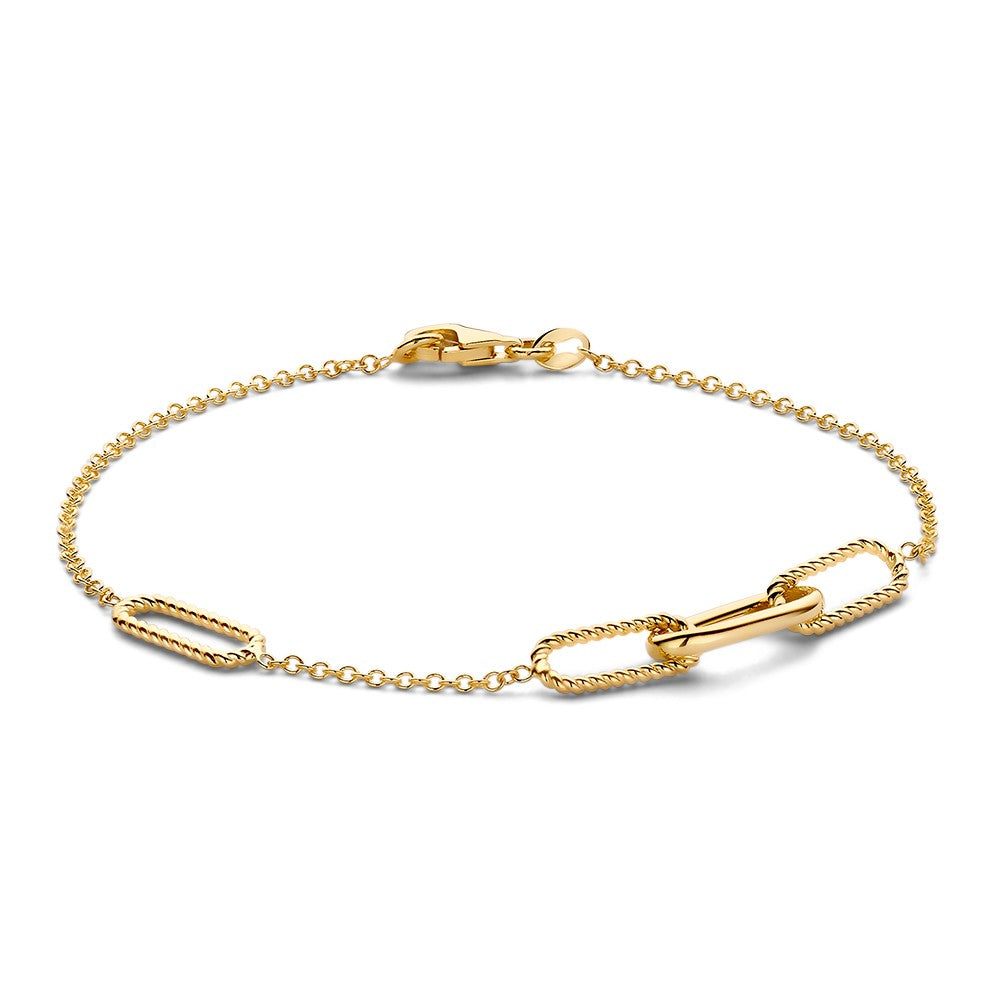 Bracciale in oro giallo 14 carati con maglie ovali e chiusura a moschettone, lungo 19 cm.