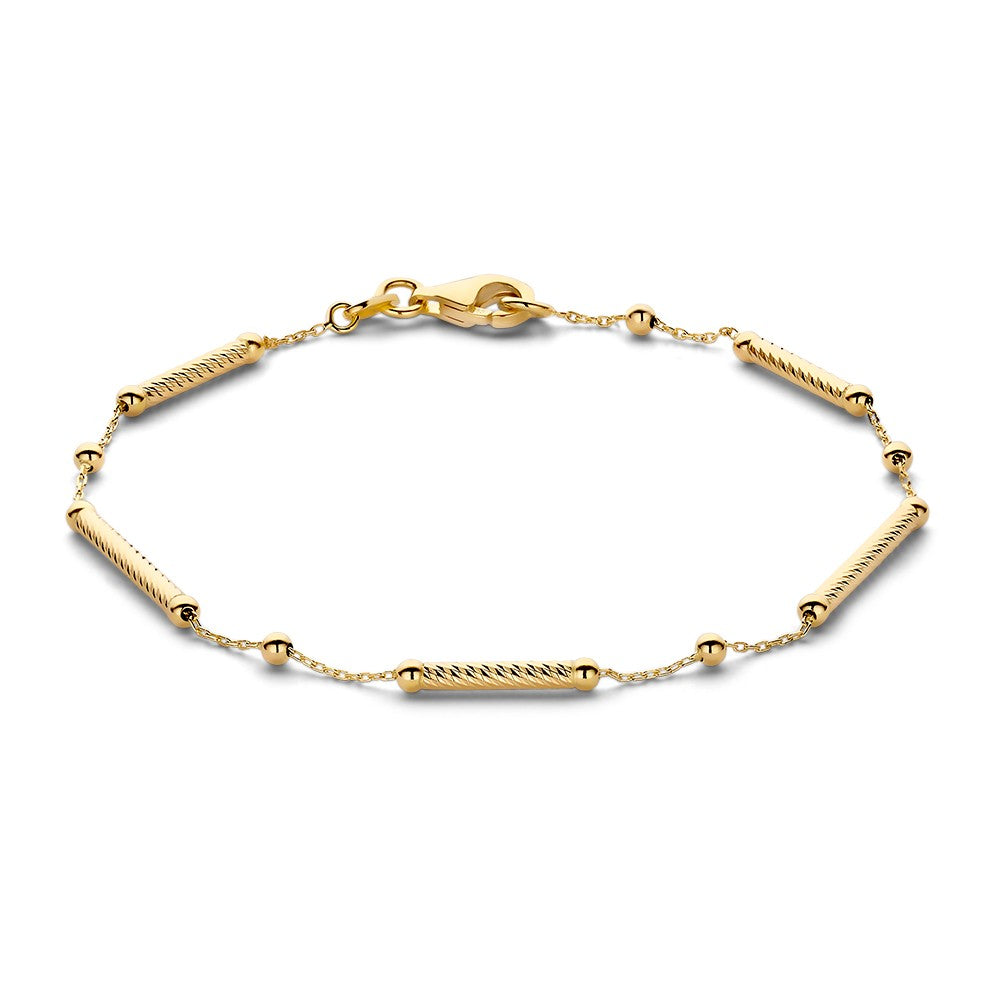 Bracciale elegante in oro giallo 14 carati, con barre e sfere, lungo 19 cm.