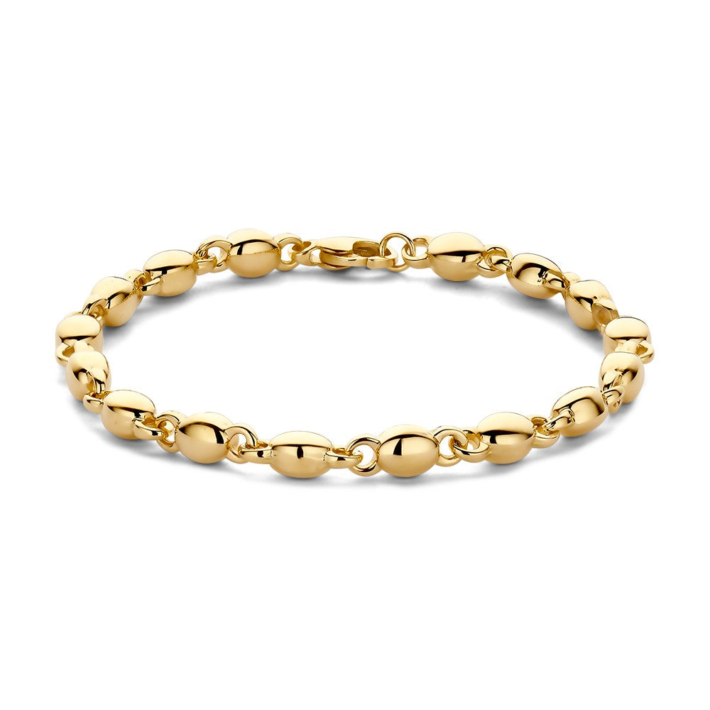 Bracciale in oro giallo con elementi ovali lucidi.