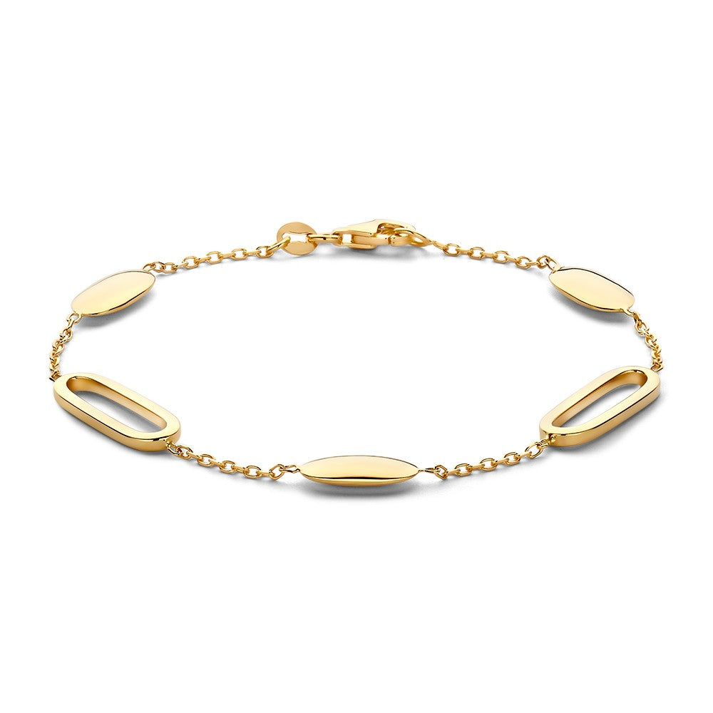 Bracciale in oro giallo con elementi ovali e maglie rotonde.