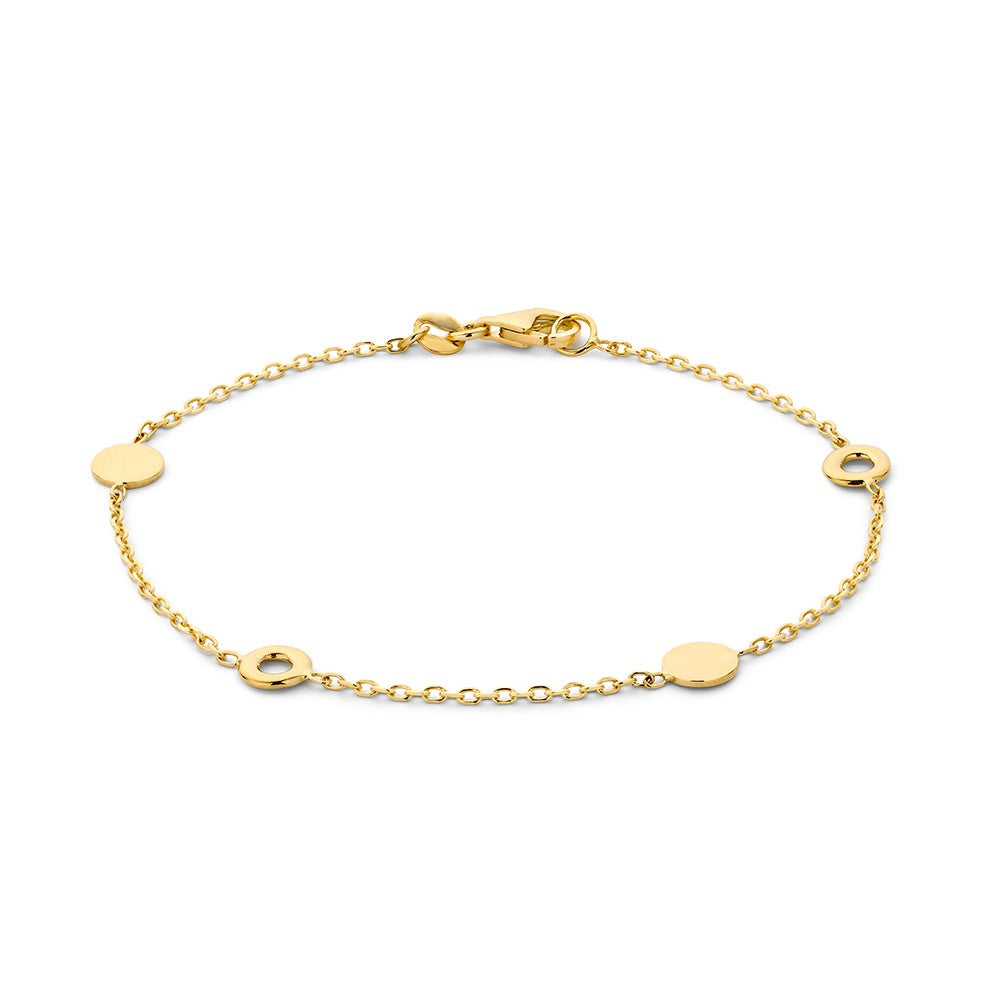 Bracciale in oro giallo con dischi rotondi e chiusura a moschettone.