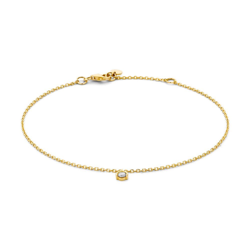 Bracciale in oro giallo con brillante da 0,08 ct, design delicato e chiusura a moschettone.