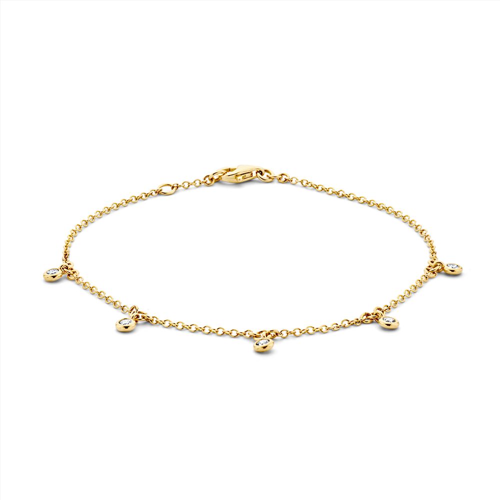 Bracciale in oro giallo 14 carati con cinque diamanti pendenti, lunghezza 18-19 cm.