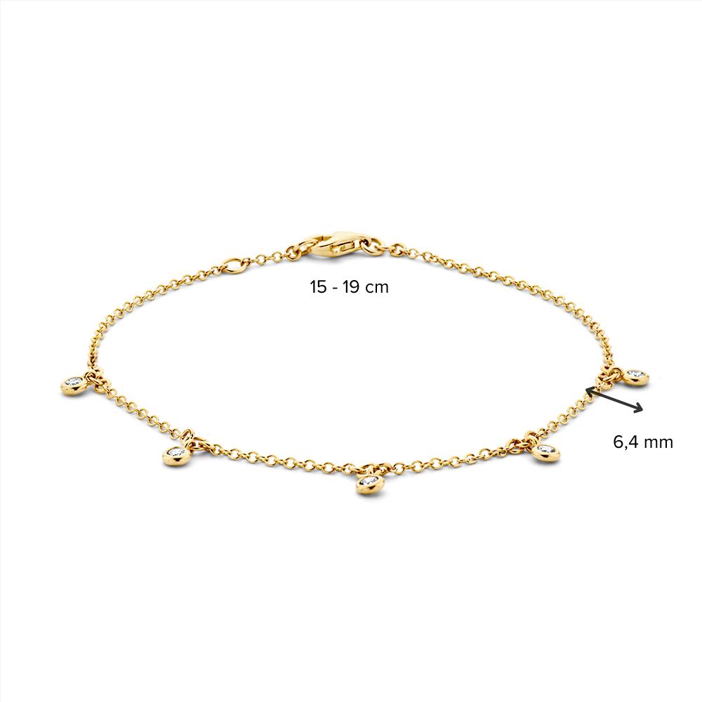 Bracciale in Oro Giallo con 5 Diamanti Pendenti 14 Carati, 0,21 crt – 18-19 cm