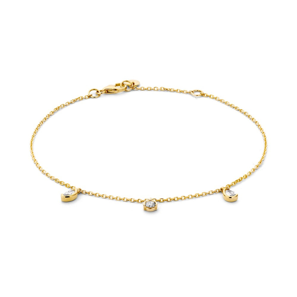Bracciale in oro giallo con tre brillanti da 0,24 ct. e catena sottile.