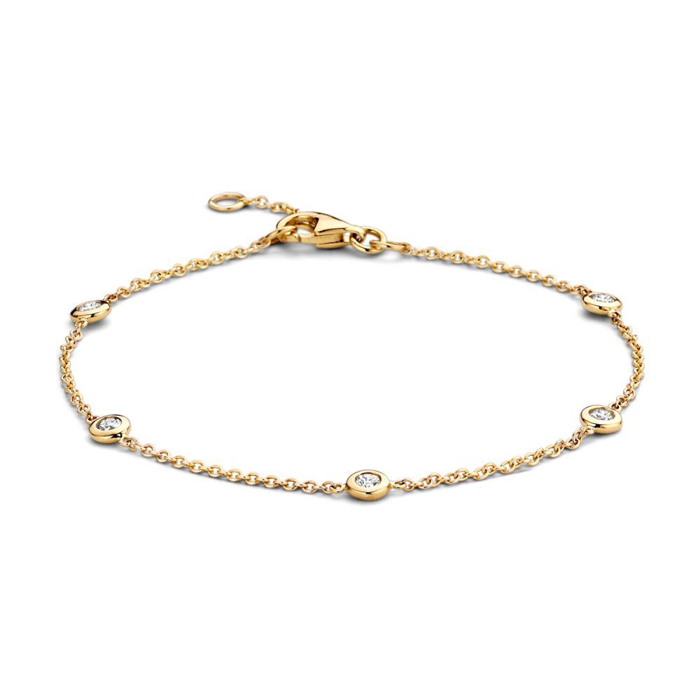 Bracciale in oro giallo 14 carati con cinque diamanti da 0,05 ct incastonati.