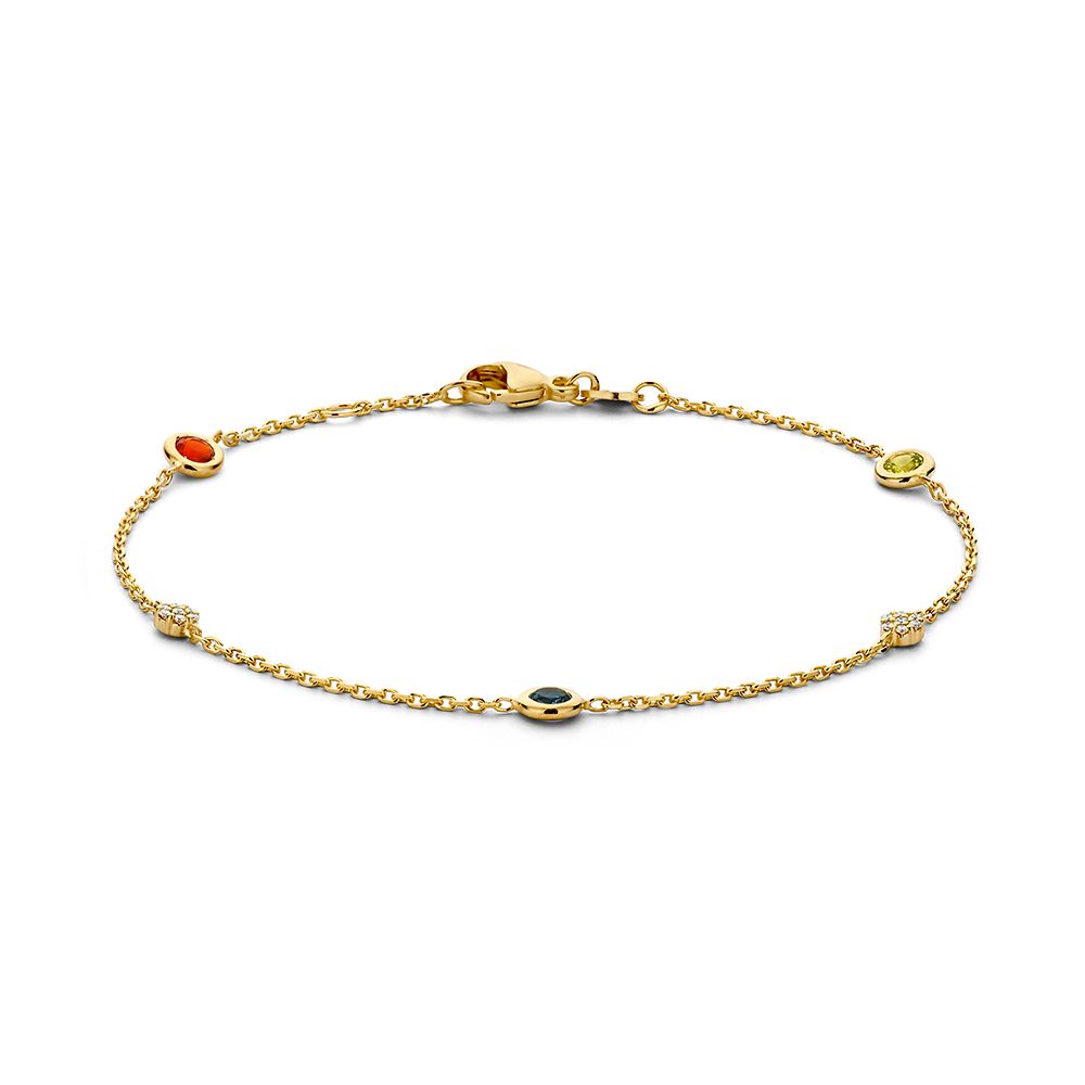 Bracciale in oro giallo con topazio blu di Londra, peridoto, opale di fuoco e diamante.