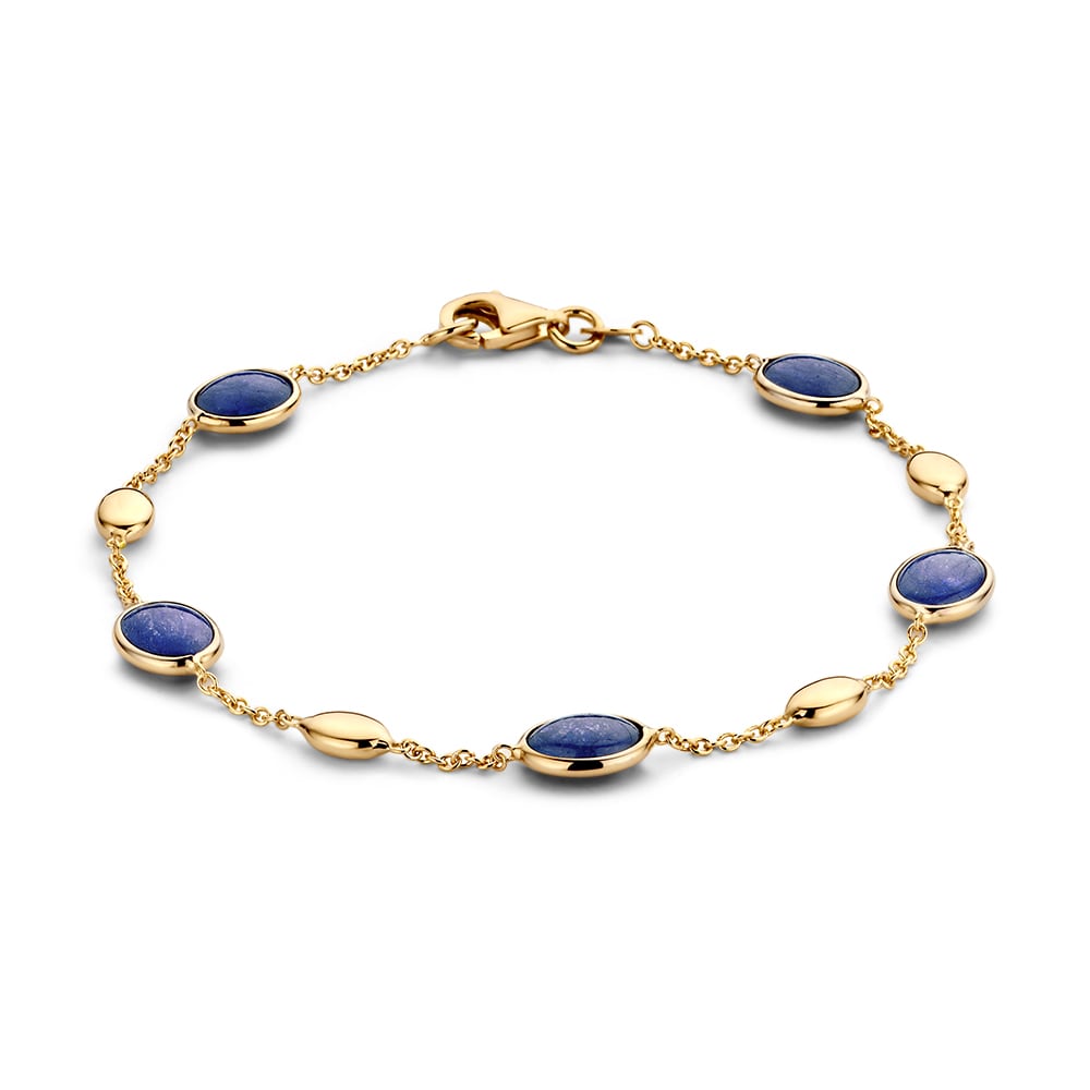 Geelgouden Armband met Cabochon Saffier – 14 Karaat, 19 cm, Diepblauwe Elegantie