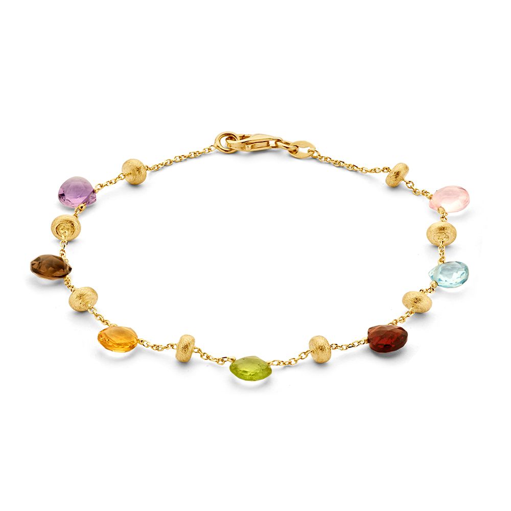 Bracciale in oro giallo 14 carati con pietre preziose multicolori e dettagli rotondi.