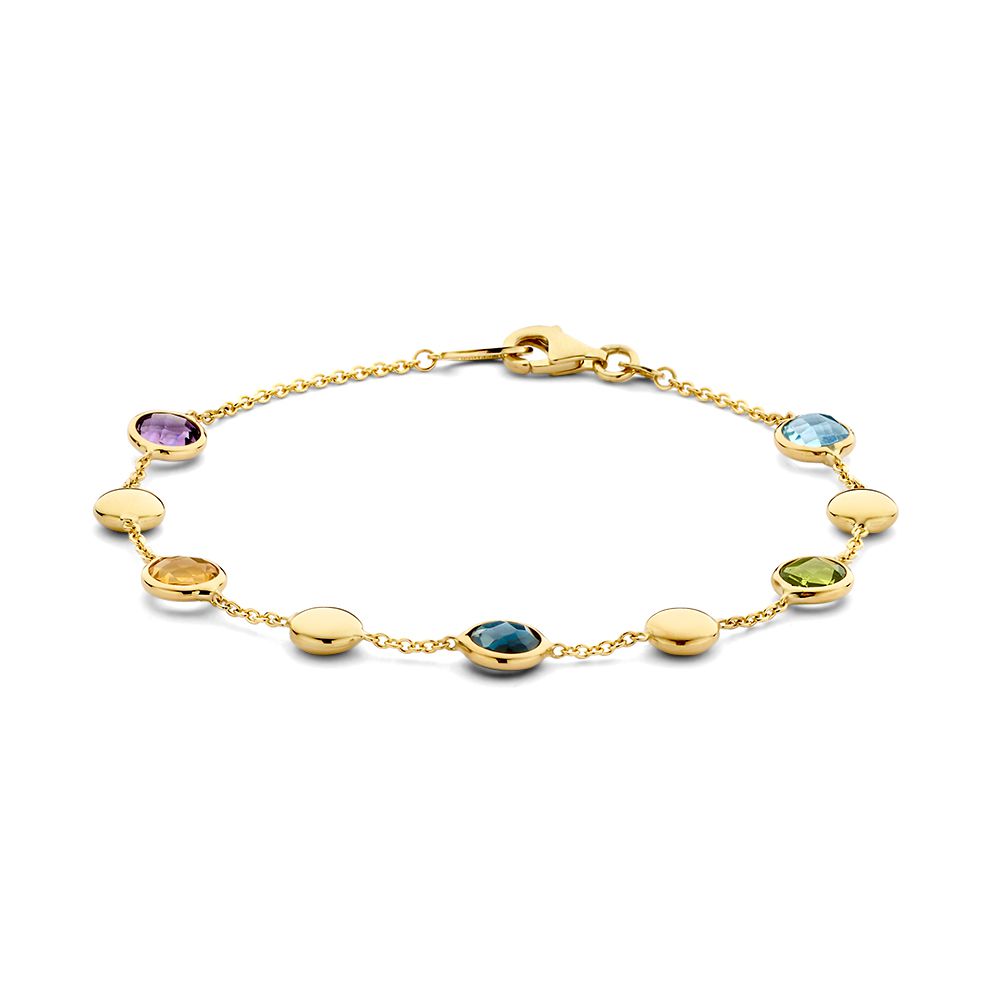 Bracciale in oro giallo 14 carati con ametista, citrino, peridoto e topazio, con pietre colorate.