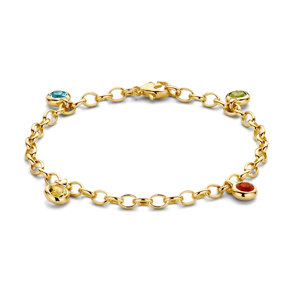Bracciale in oro giallo 14 carati con charm in pietre preziose: topazio blu, peridoto, quarzo limone e opale di fuoco.