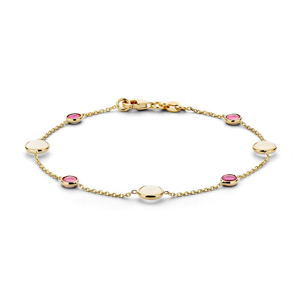 Bracciale in oro giallo 14 carati con pietre di luna e rubini, lungo 19 cm.