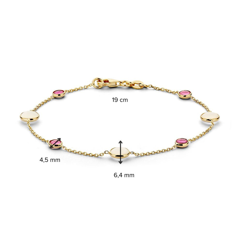 Elegante Bracciale con Pietra di Luna e Rubino – Oro Giallo 14 Carati, 19 cm