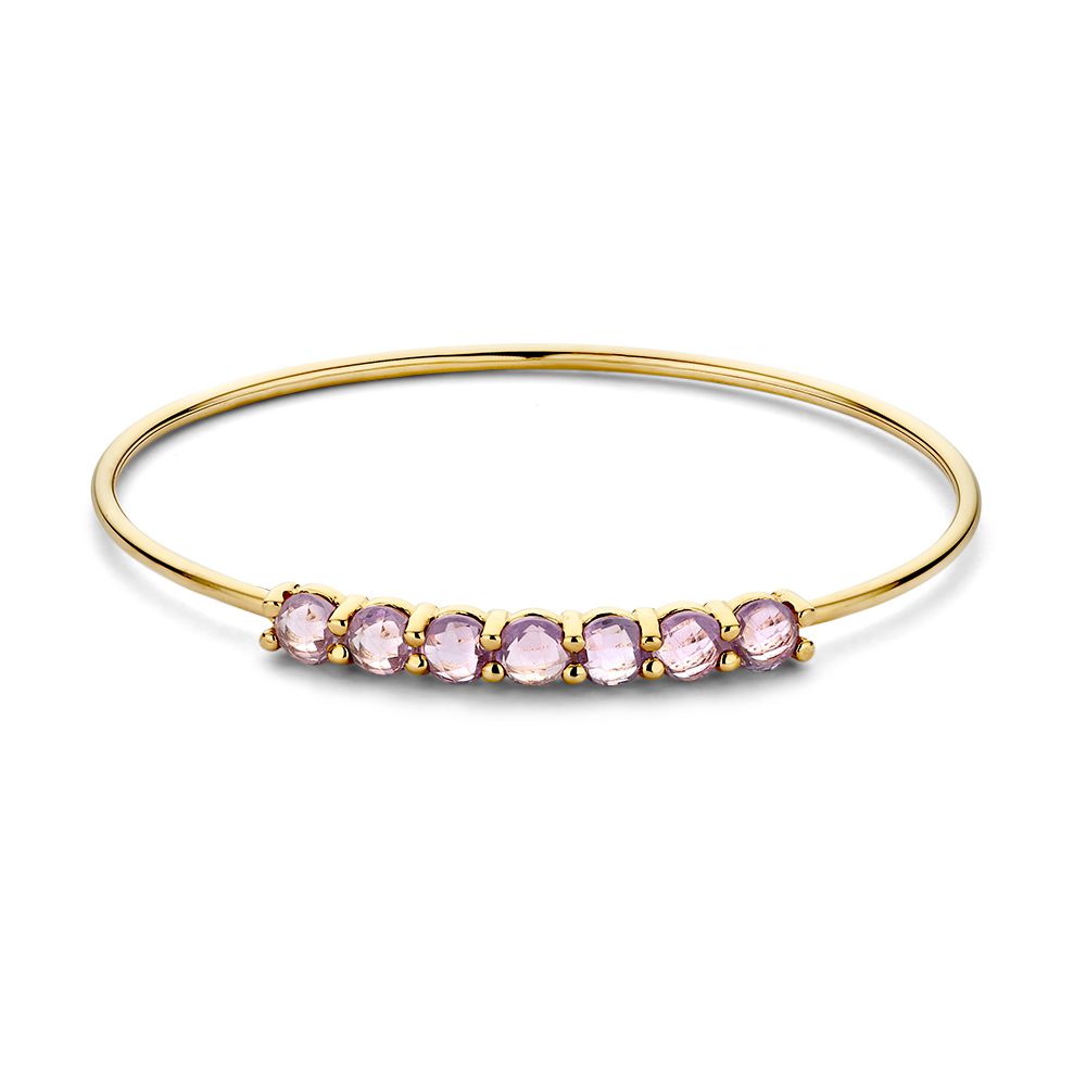 Bangle in oro con sette ametiste sfaccettate, 14 carati, misura 60 x 50 mm.