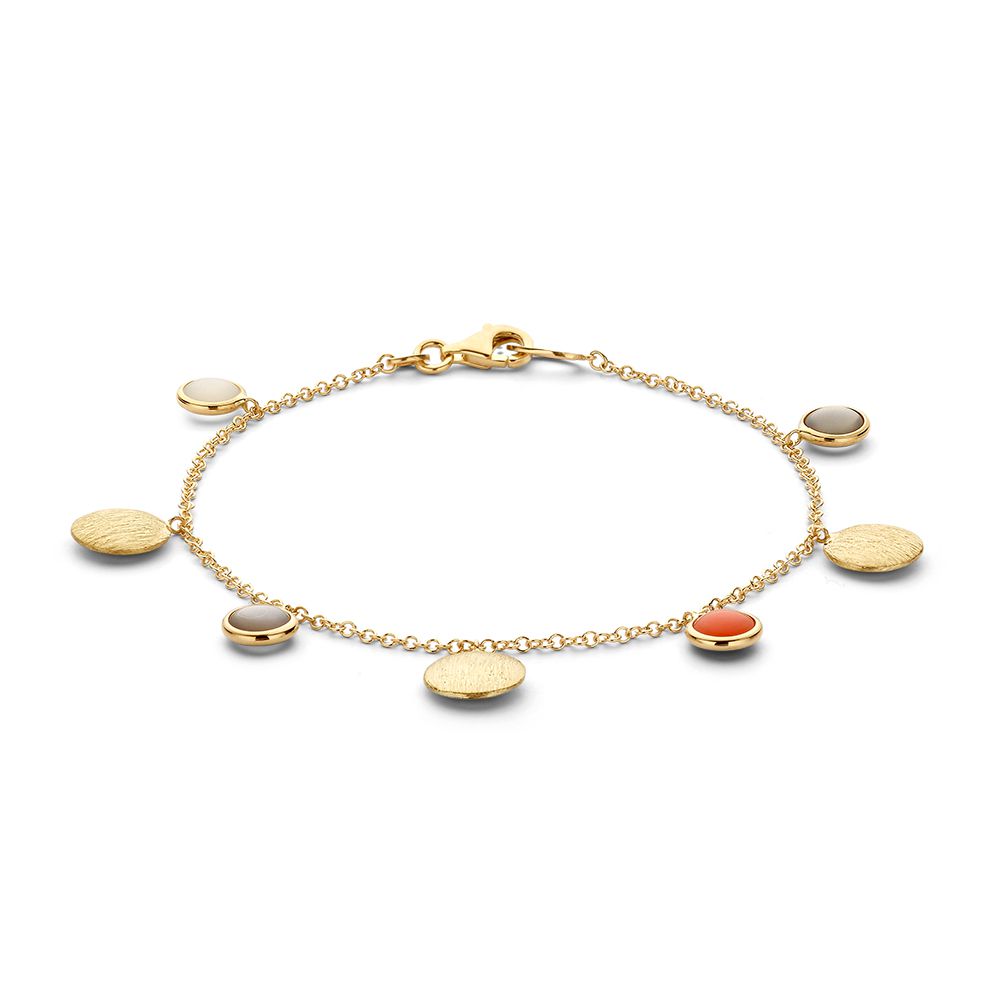 Bracciale in oro giallo con ciondoli in pietra di luna, lunghezza 19 cm.