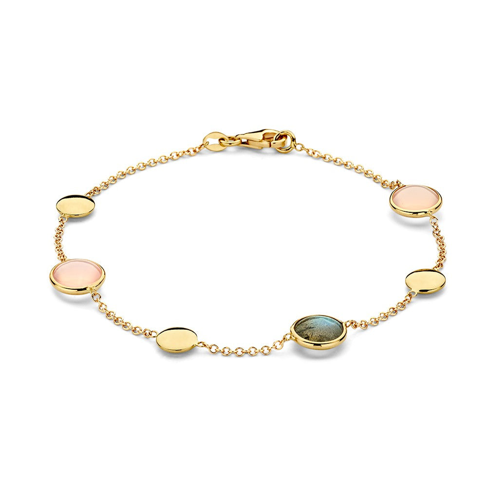 Bracciale in oro giallo con labradorite e quarzo rosa, 14 carati, lungo 19 cm.