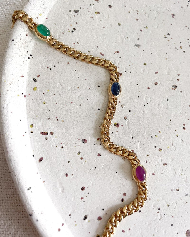 Bracciale in Oro Giallo con Rubino, Zaffiro e Smeraldo – 14 Carati, 19 cm